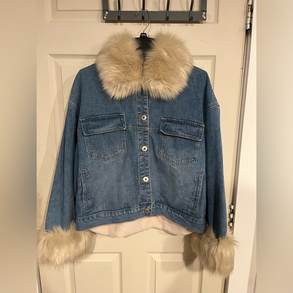 Fashion Nova Blue Denim Jacket with Cream Faux Fur